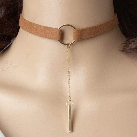 Brown Suede Choker Necklace with Gold Circle and Pendant Chain - Picture 4 of 6